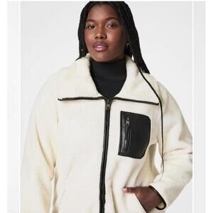 NWT Spanx Plush Full Zip Fleece Cream White W/ Faux Leather Black Accents Medium